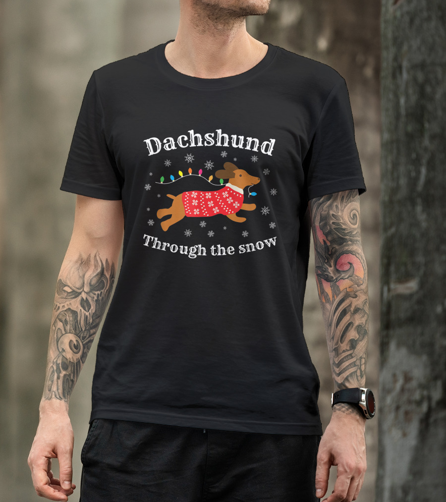 Dachshund Through The Snow Wearing A Festive Sweater With Christmas Lights And Snowflakes T-Shirt