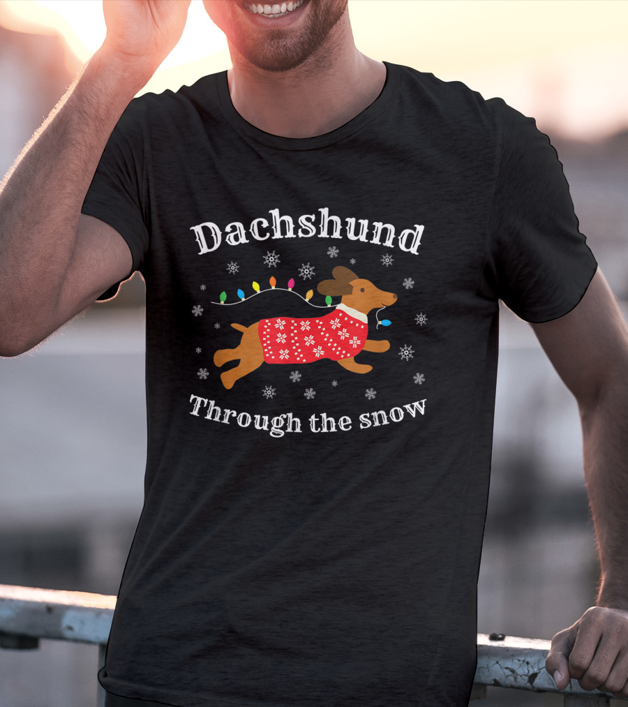 Dachshund Through The Snow Wearing A Festive Sweater With Christmas Lights And Snowflakes T-Shirt