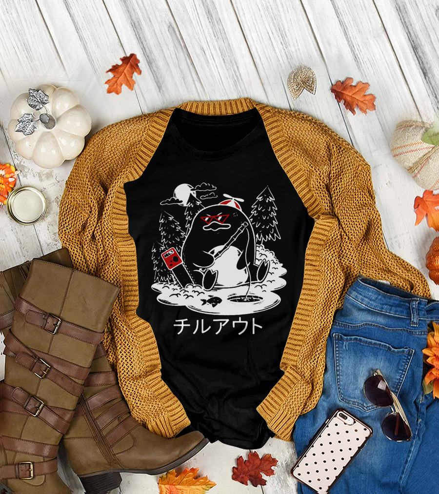 Isaacwhy Merch Chill Out Penguin With Chainsaw And Fishing Rod T-Shirt