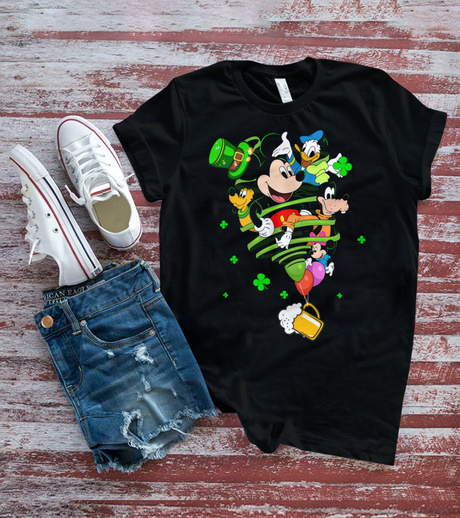 Mickey Mouse Donald Duck Goofy St. Patrick's Day Celebration With Shamrocks And Beer Mug T-Shirt