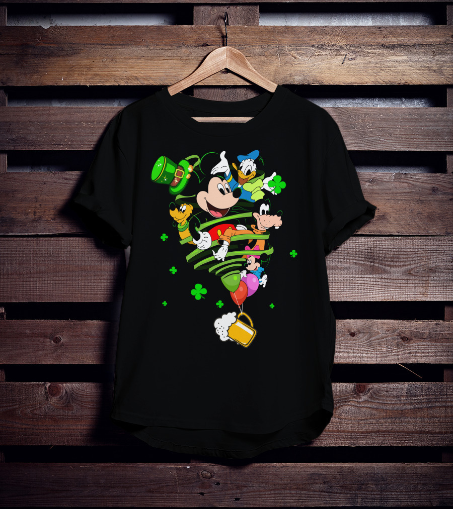 Mickey Mouse Donald Duck Goofy St. Patrick's Day Celebration With Shamrocks And Beer Mug T-Shirt