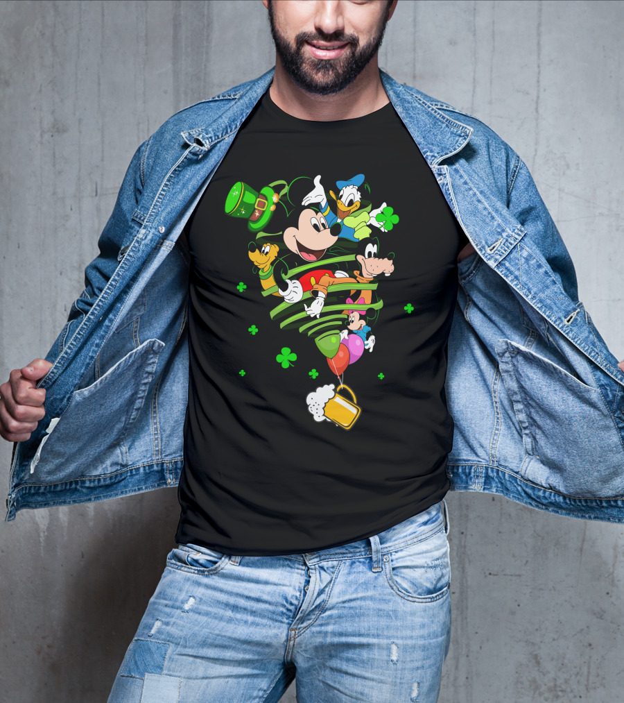 Mickey Mouse Donald Duck Goofy St. Patrick's Day Celebration With Shamrocks And Beer Mug T-Shirt