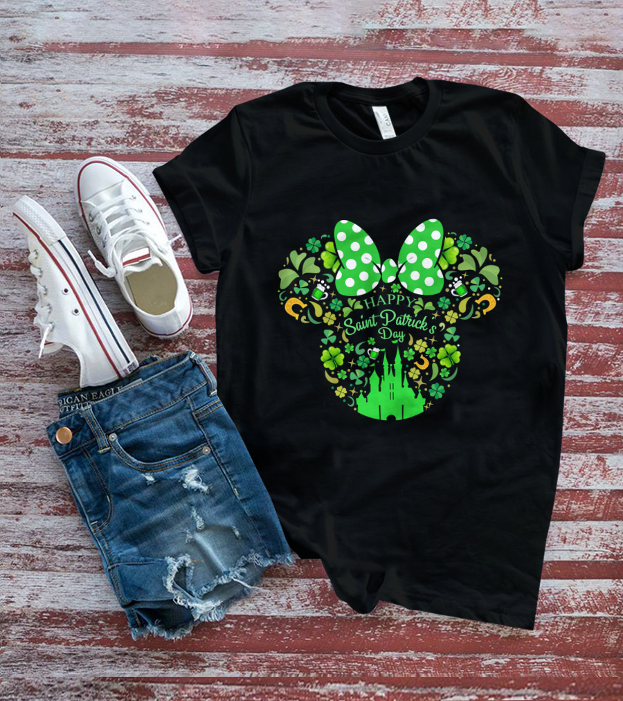 Happy Saint Patrick's Day Minnie Mouse Castle Clover Bow Beer T-Shirt