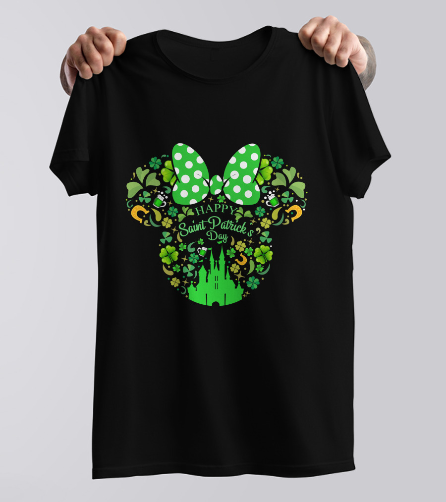 Happy Saint Patrick's Day Minnie Mouse Castle Clover Bow Beer T-Shirt