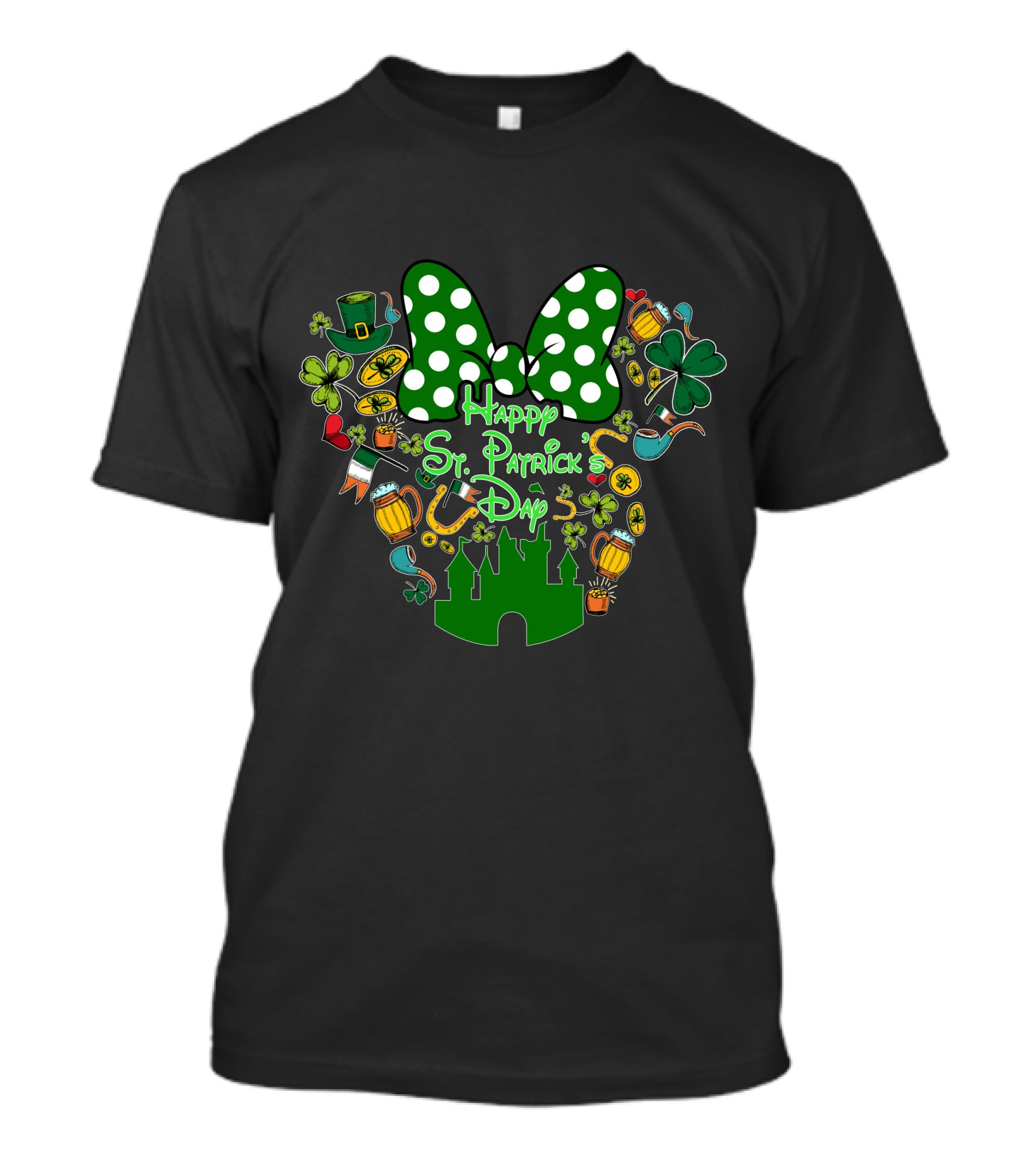 Happy St. Patrick's Day Green White Polka Dot Bow And Shamrocks T-Shirt