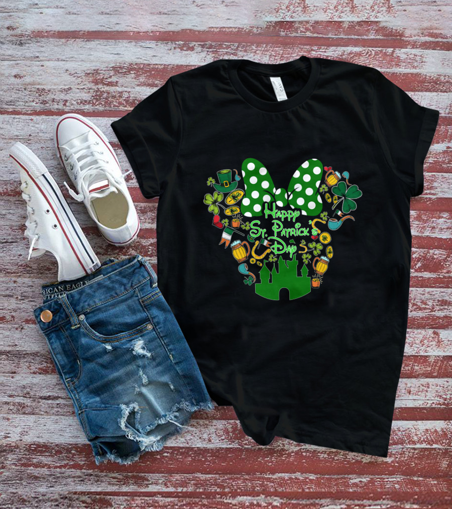 Happy St. Patrick's Day Green White Polka Dot Bow And Shamrocks T-Shirt