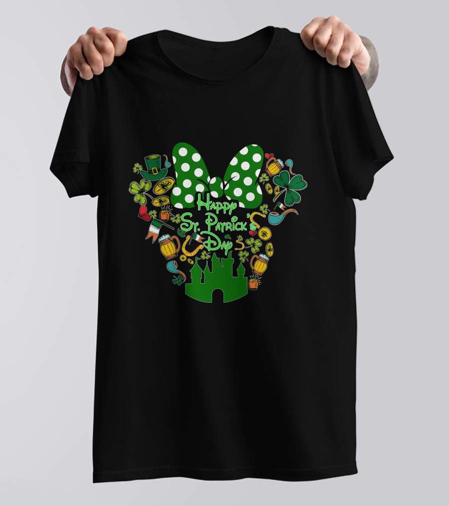 Happy St. Patrick's Day Green White Polka Dot Bow And Shamrocks T-Shirt