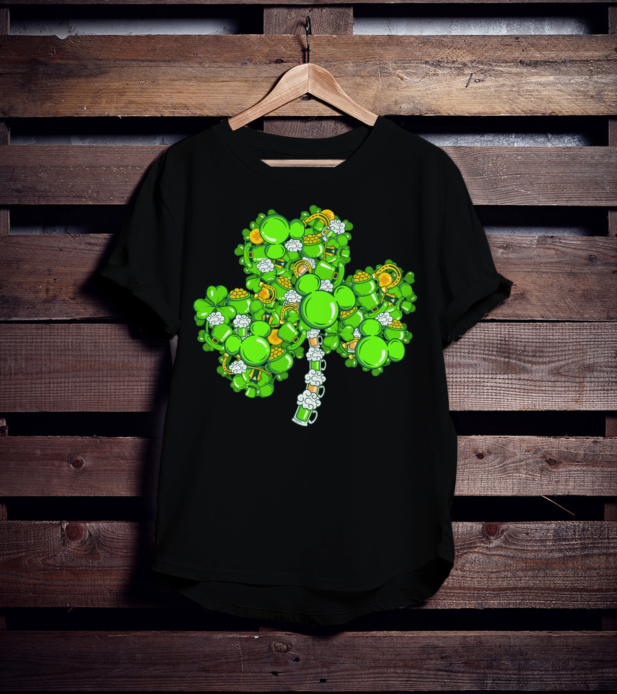 Shamrock Mickey Mouse St. Patrick's Day Beer Mugs And Gold Coins T-Shirt