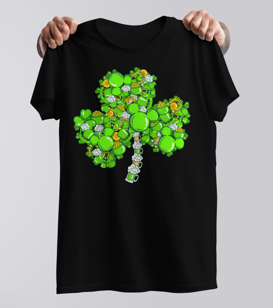 Shamrock Mickey Mouse St. Patrick's Day Beer Mugs And Gold Coins T-Shirt