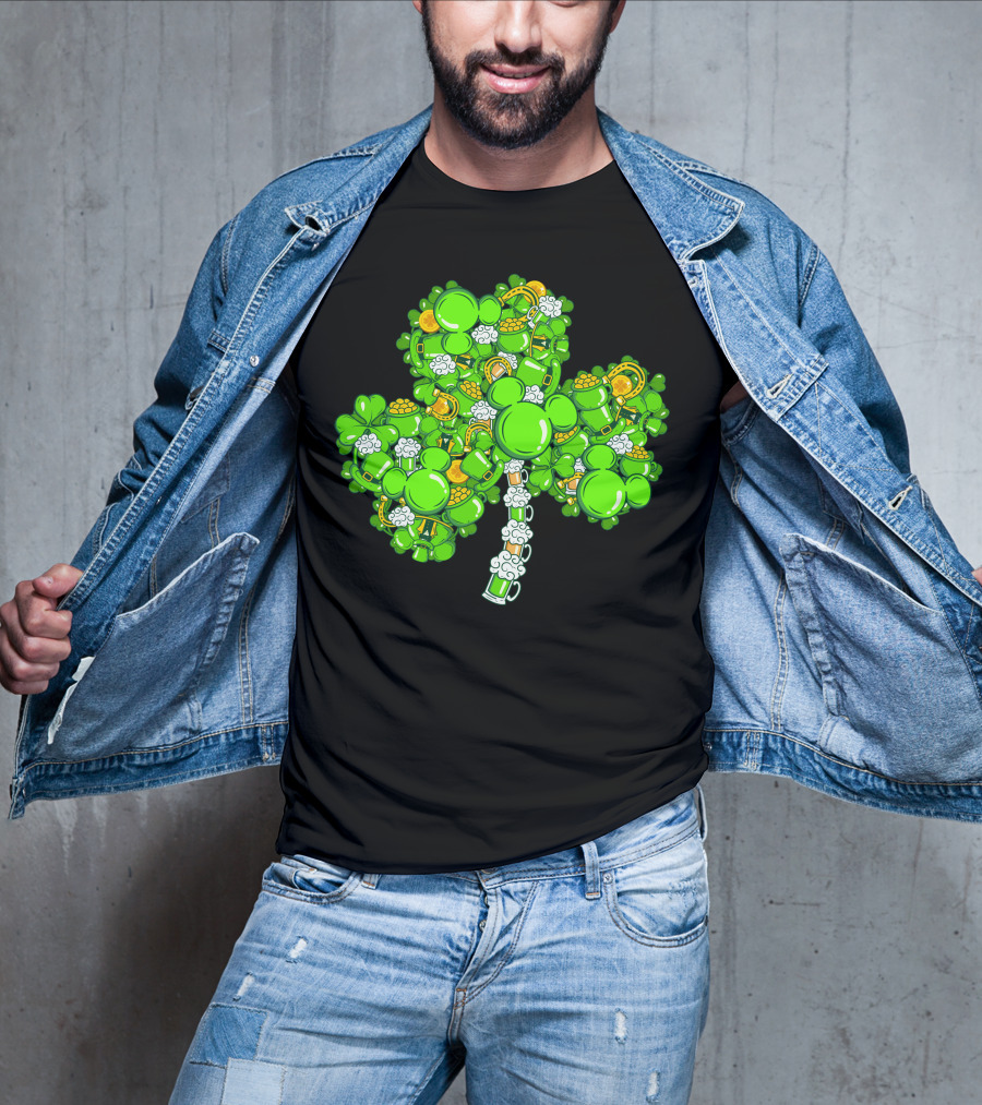 Shamrock Mickey Mouse St. Patrick's Day Beer Mugs And Gold Coins T-Shirt