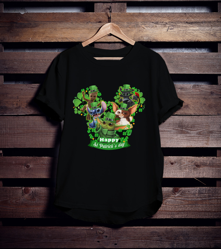 BBYD And Friends Happy St Patrick's Day Groot Gizmo Stitch Mandalorian Baby Yoda Toothless T-Shirt