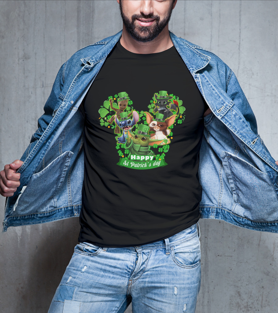 BBYD And Friends Happy St Patrick's Day Groot Gizmo Stitch Mandalorian Baby Yoda Toothless T-Shirt