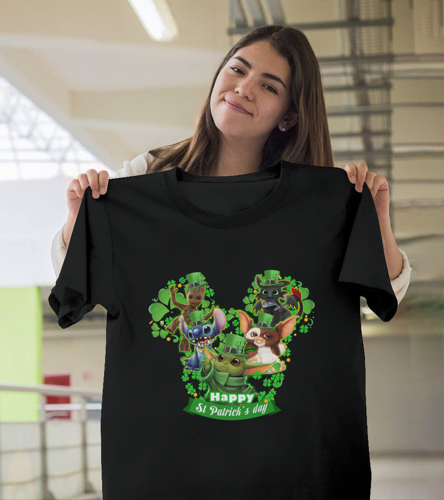 BBYD And Friends Happy St Patrick's Day Groot Gizmo Stitch Mandalorian Baby Yoda Toothless T-Shirt
