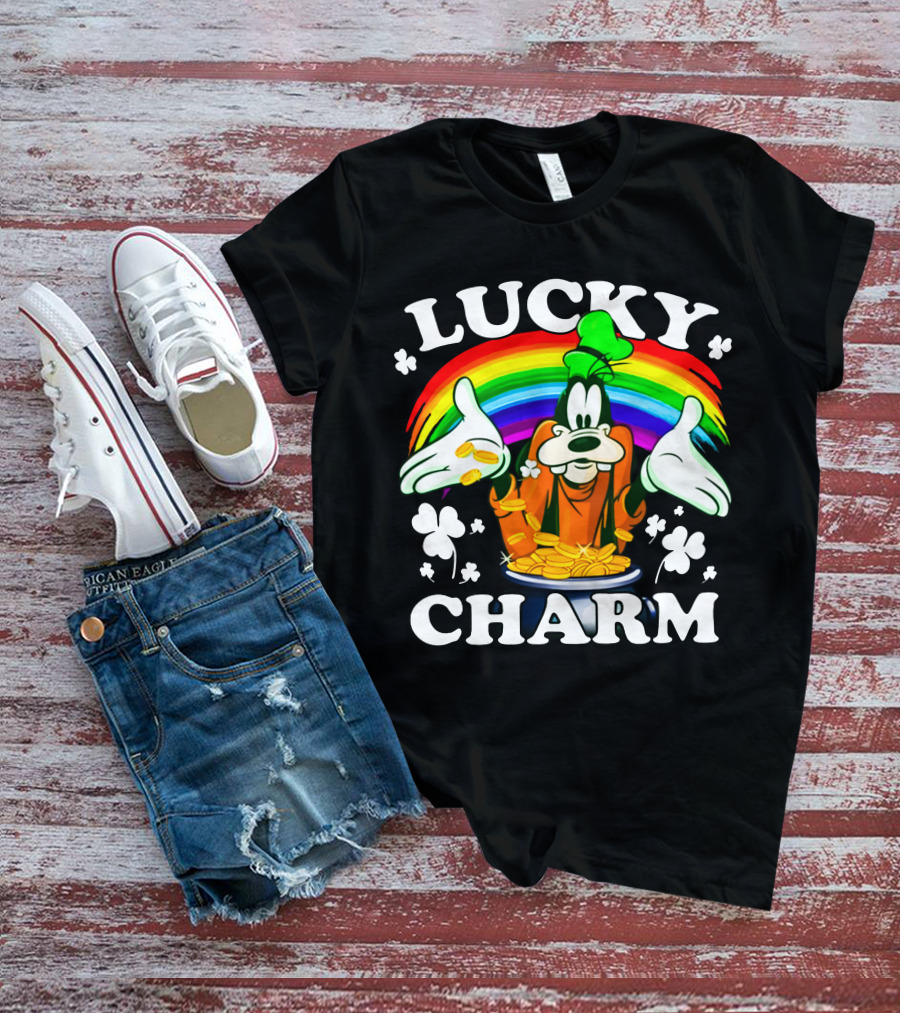 Lucky Charm Goofy With Rainbow And Gold Coins T-Shirt