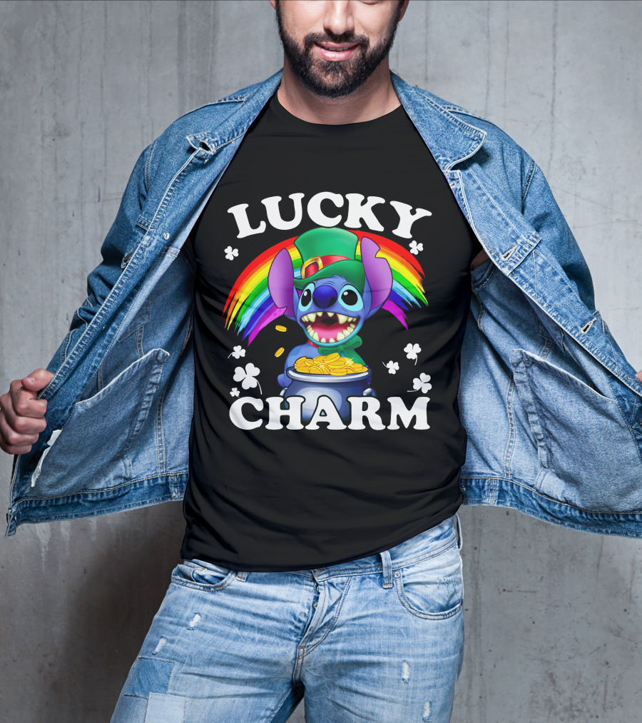 Lucky Charm Stitch Rainbow Gold Coins Shamrocks T-Shirt