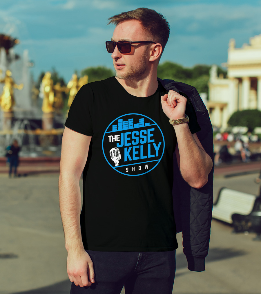 The Jesse Kelly Show Microphone Logo Design With Blue Text And Sound Bars T-Shirt