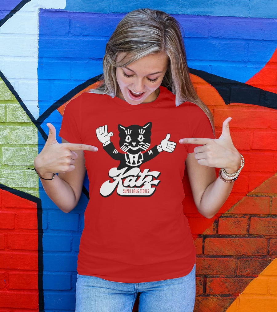 Katz Super Drug Stores Cat Mascot Smiling And Waving In Suit And Tie T-Shirt