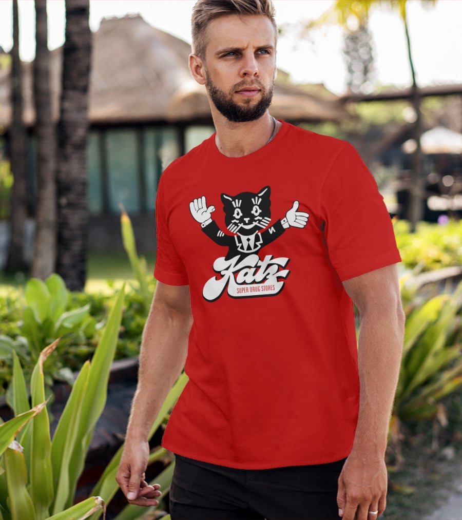 Katz Super Drug Stores Cat Mascot Smiling And Waving In Suit And Tie T-Shirt