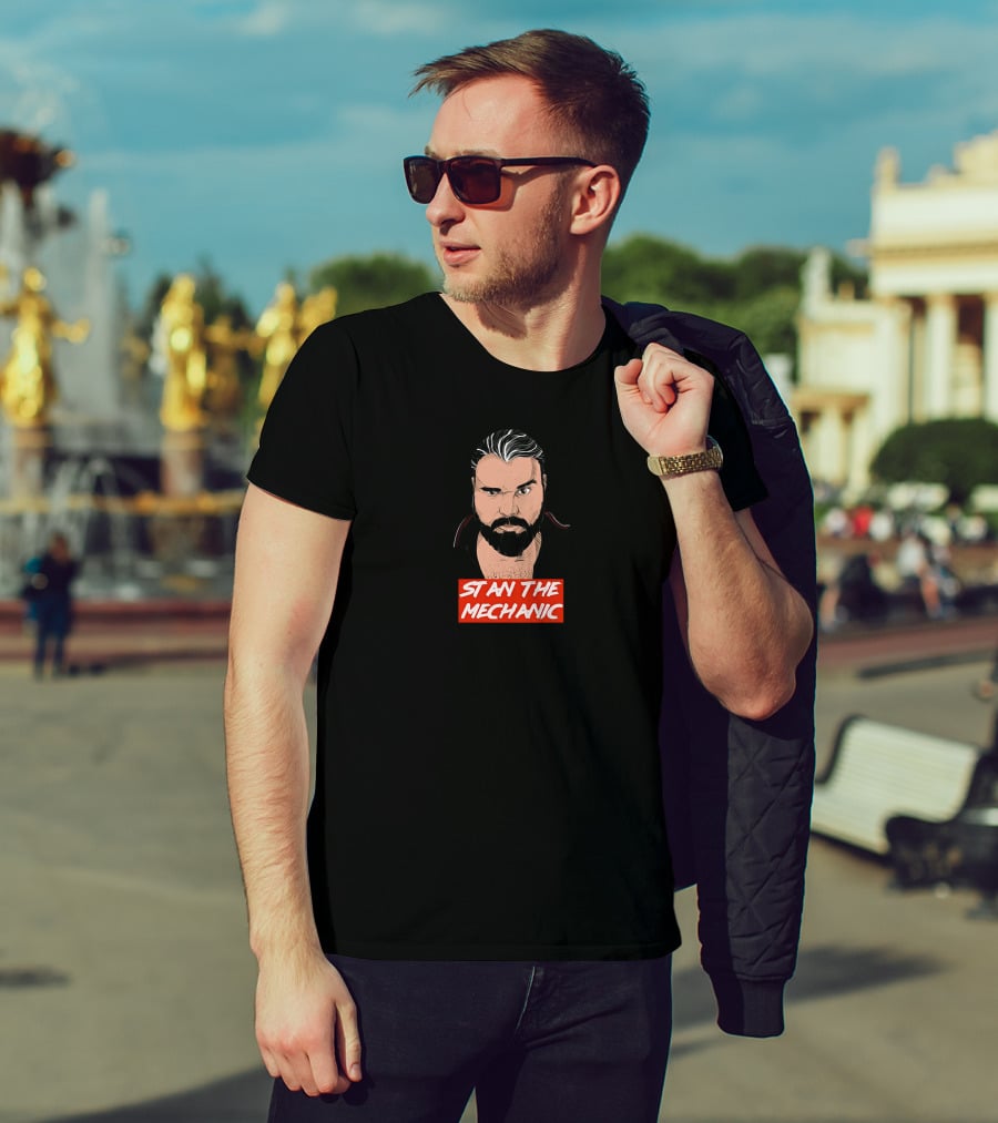 Stan The Mechanic Red Text Illustration With Bearded Character T-Shirt