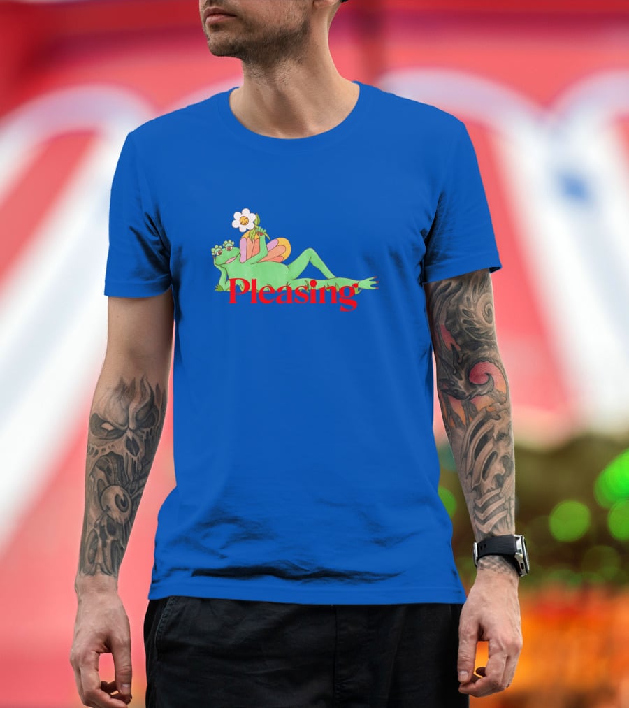 Pleasing Frog With Flower On Sky Blue Crewneck T-Shirt