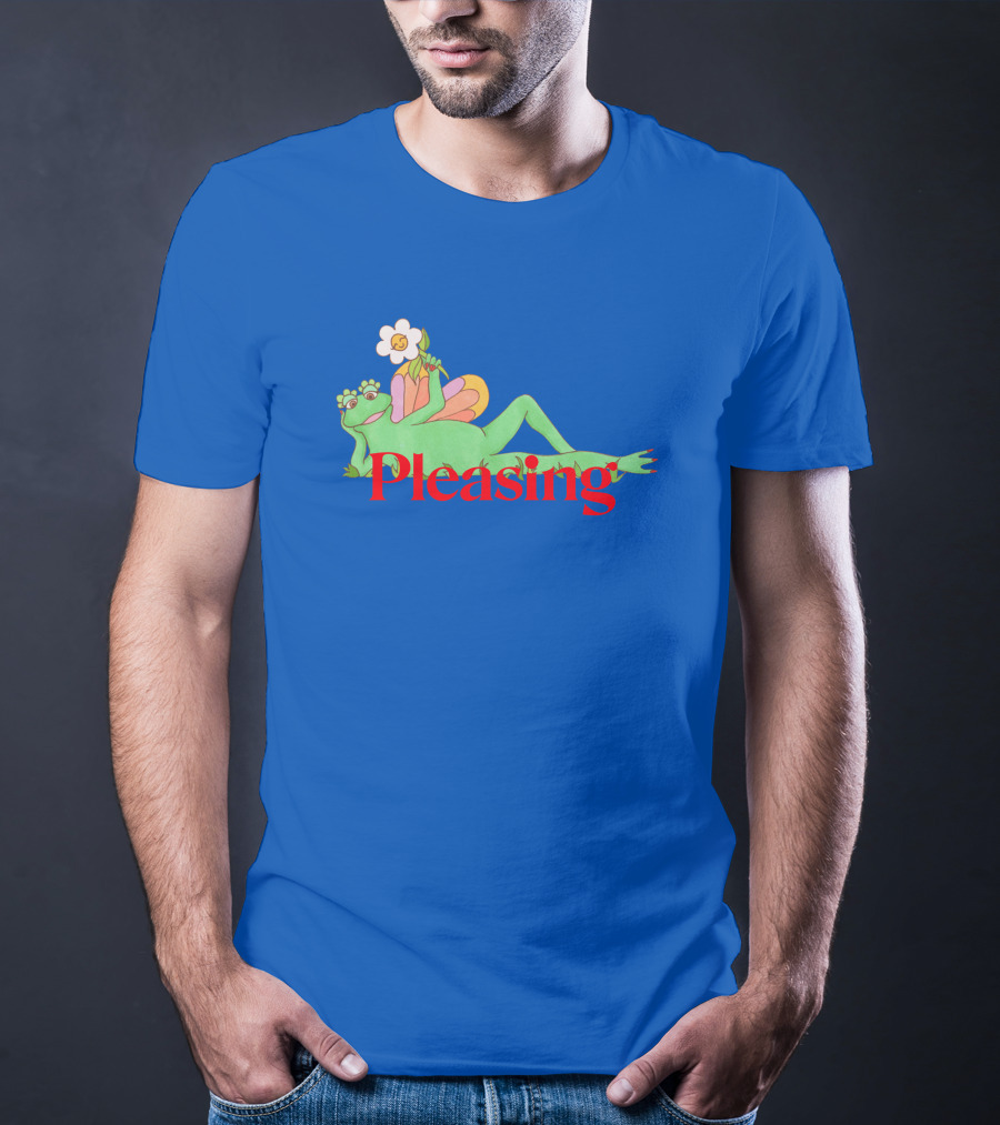 Pleasing Frog With Flower On Sky Blue Crewneck T-Shirt