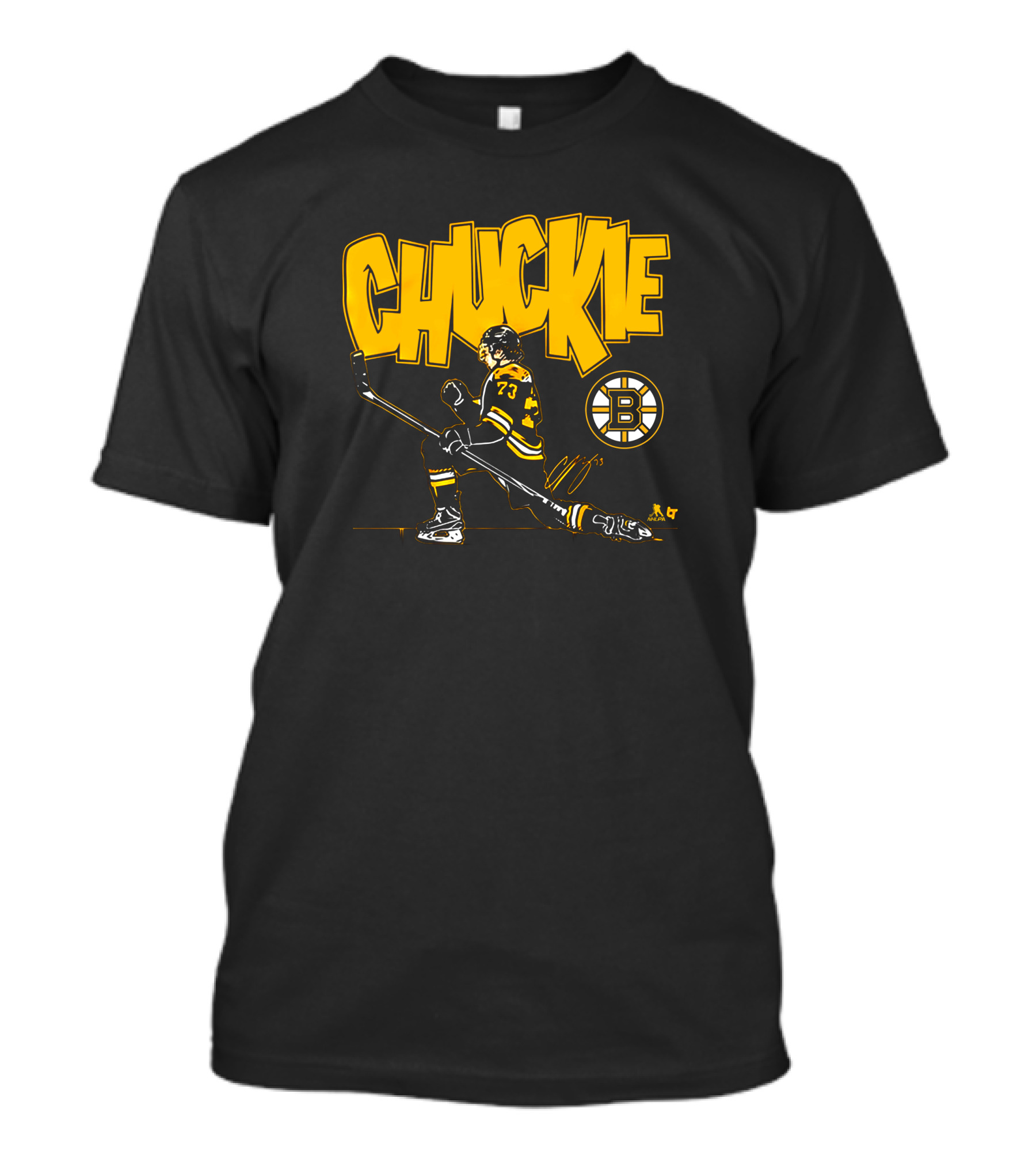Boston Bruins Charlie McAvoy Chuckie Kneeling Pose With Hockey Stick T-Shirt
