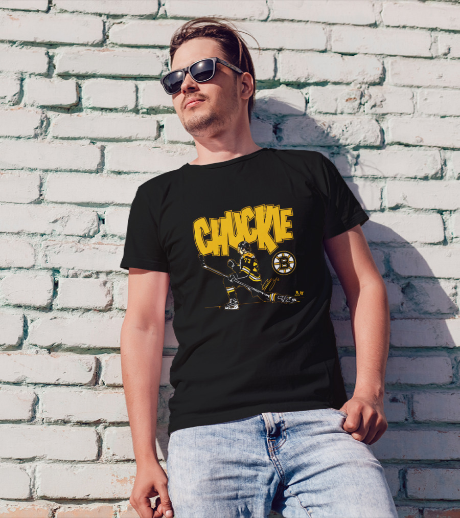 Boston Bruins Charlie McAvoy Chuckie Kneeling Pose With Hockey Stick T-Shirt