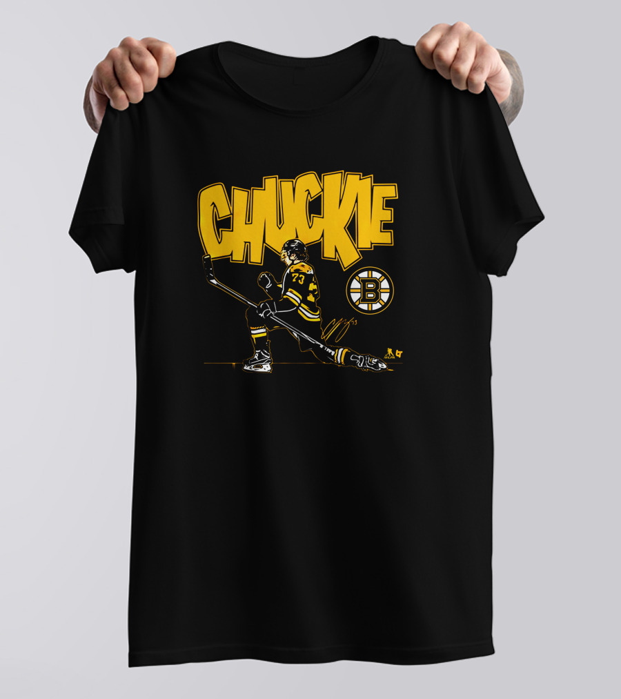 Boston Bruins Charlie McAvoy Chuckie Kneeling Pose With Hockey Stick T-Shirt