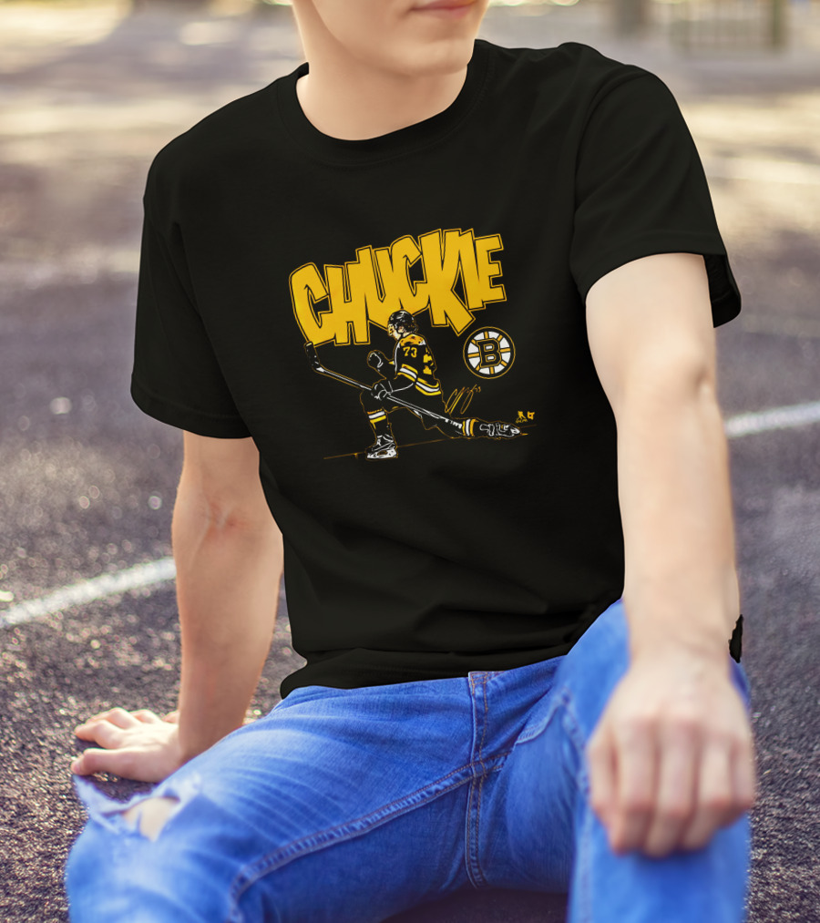 Boston Bruins Charlie McAvoy Chuckie Kneeling Pose With Hockey Stick T-Shirt