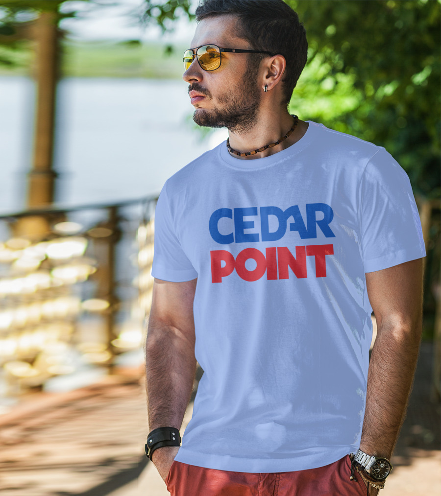Cedar Point Bold Typography Theme In Blue And Red T-Shirt