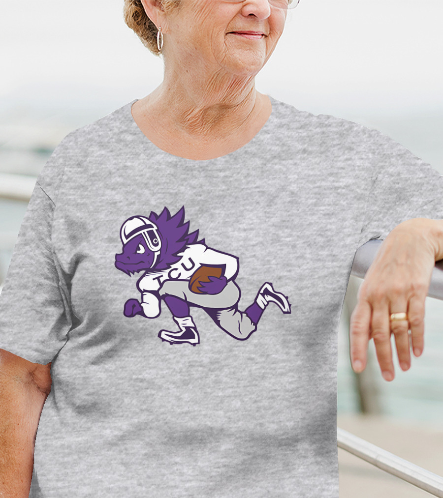 Running Horned Frog TCU Football Player In Purple And White Jersey T-Shirt