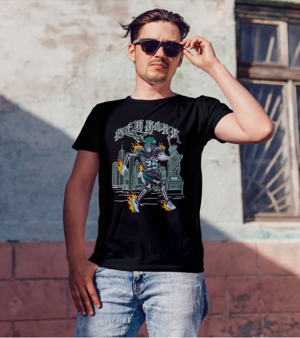 New York Jetpack QB Number 5 New York City Statue Of Liberty Skyline Fire Running T-Shirt