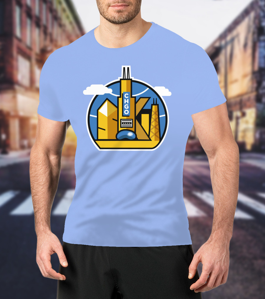 CHGO Skyline Blue Skies Sports Icon With Landmarks T-Shirt