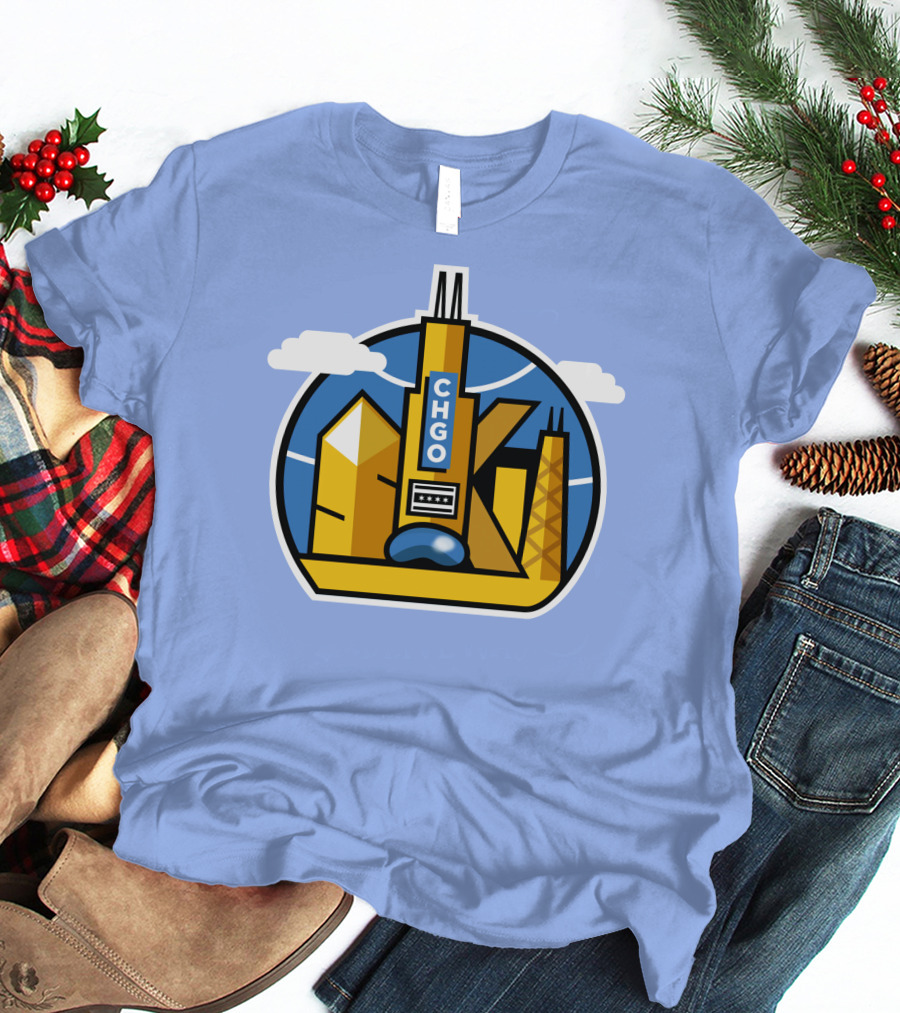 CHGO Skyline Blue Skies Sports Icon With Landmarks T-Shirt