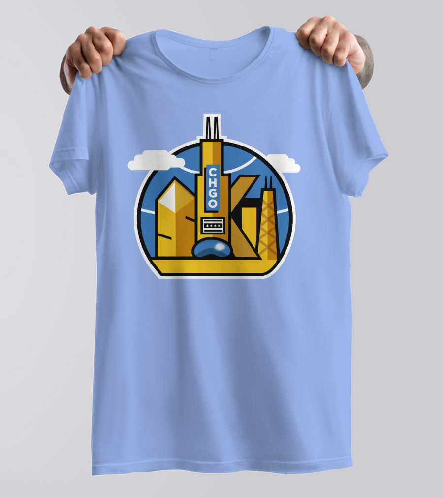 CHGO Skyline Blue Skies Sports Icon With Landmarks T-Shirt