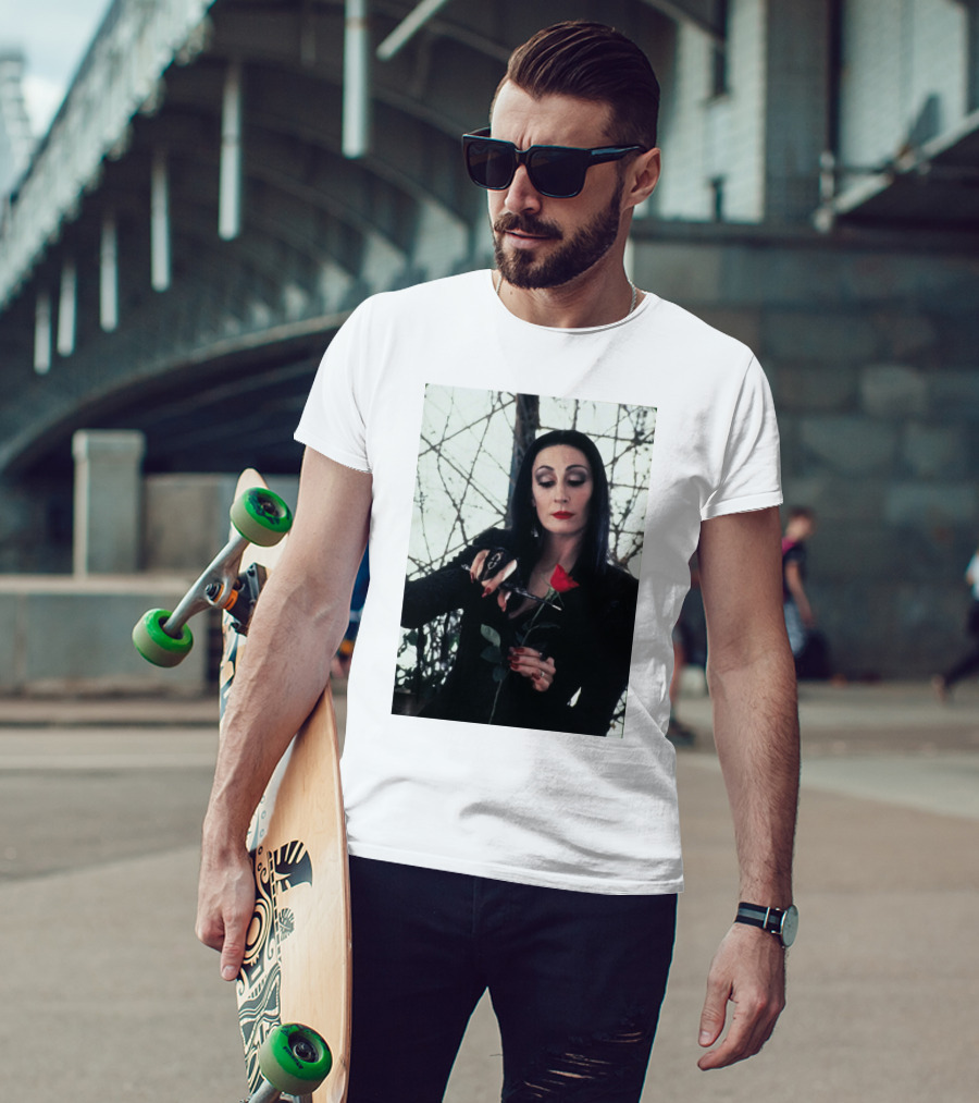 Morticia Addams Anjelica Huston Cutting Rose Scene T-Shirt