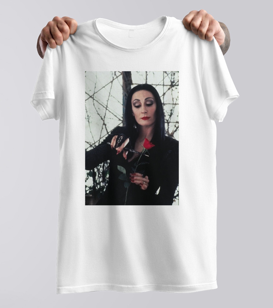 Morticia Addams Anjelica Huston Cutting Rose Scene T-Shirt