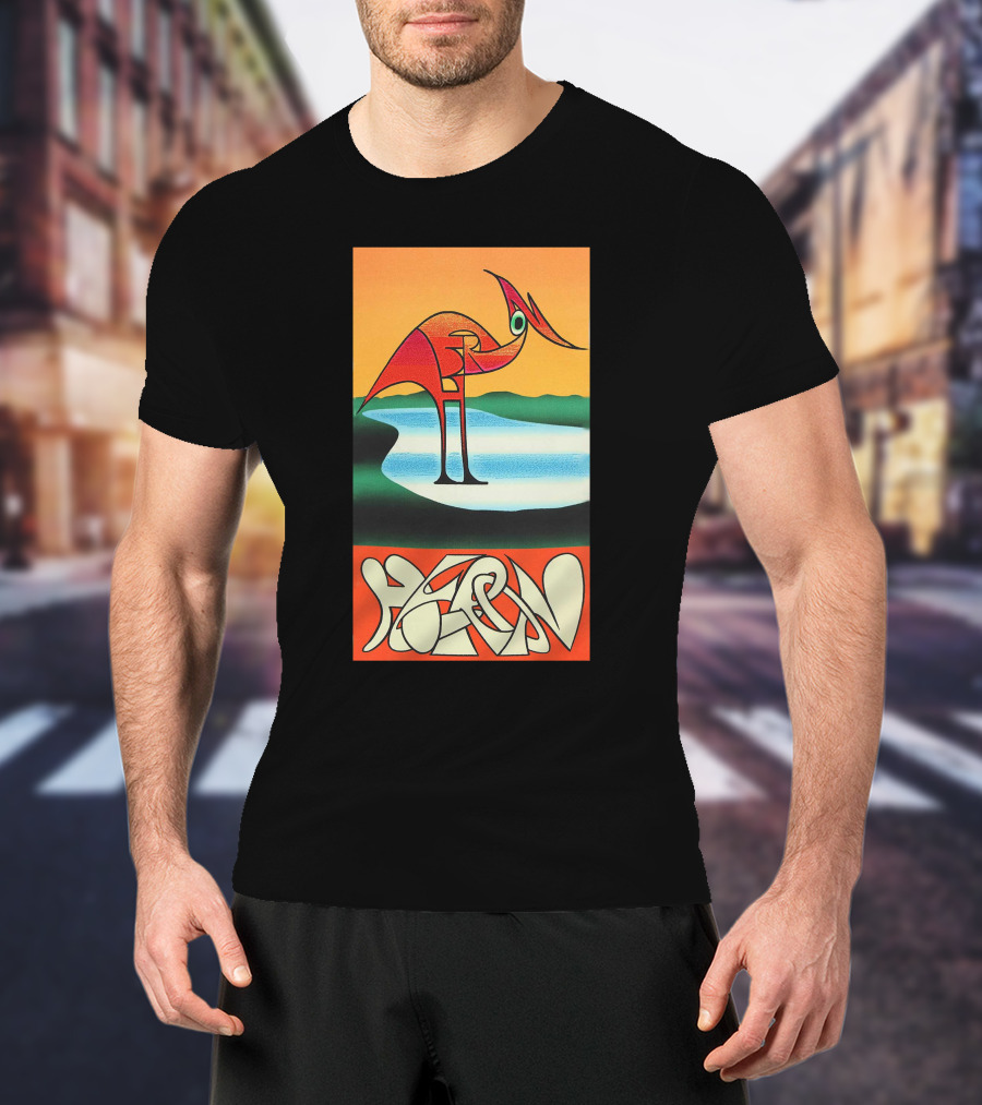 Heron Preston Abstract Bold Graphic Stork Art Orange Teal Lake T-Shirt