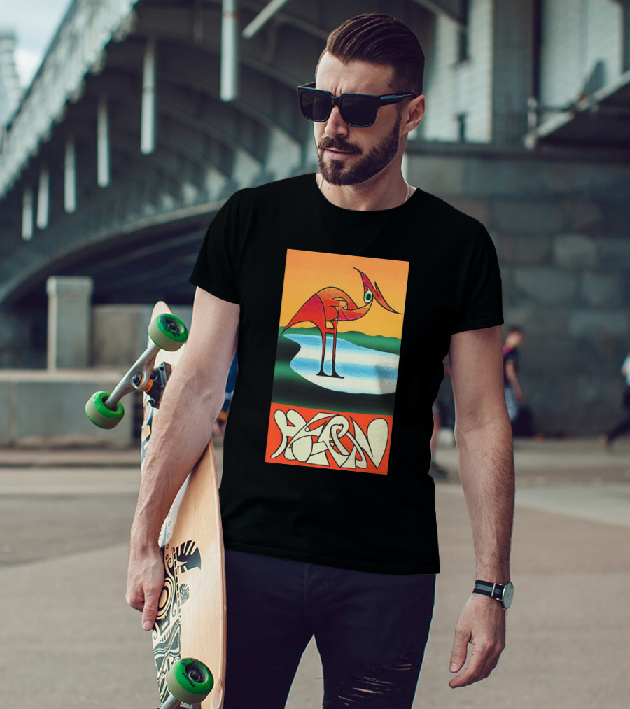 Heron Preston Abstract Bold Graphic Stork Art Orange Teal Lake T-Shirt