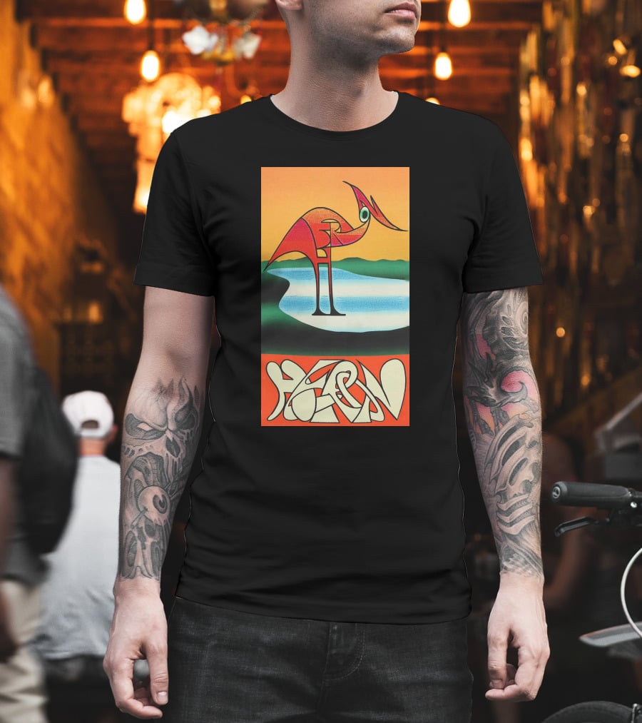 Heron Preston Abstract Bold Graphic Stork Art Orange Teal Lake T-Shirt