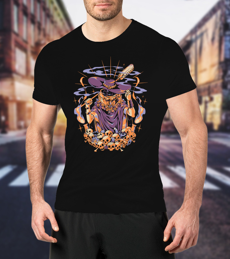 The Stygian Boatman Purple Robe Skull Collection With Feather Hat T-Shirt
