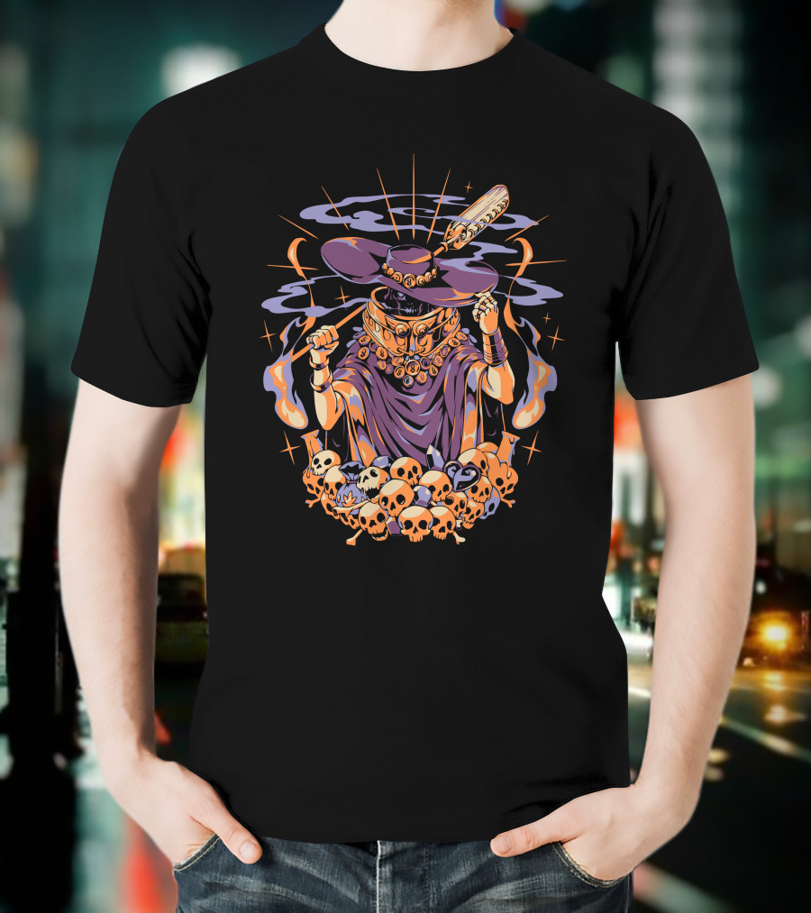 The Stygian Boatman Purple Robe Skull Collection With Feather Hat T-Shirt