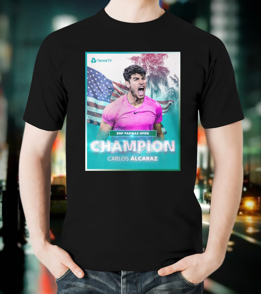 TennisTV BNP Paribas Open Champion Carlos Alcaraz American Flag Background T-Shirt