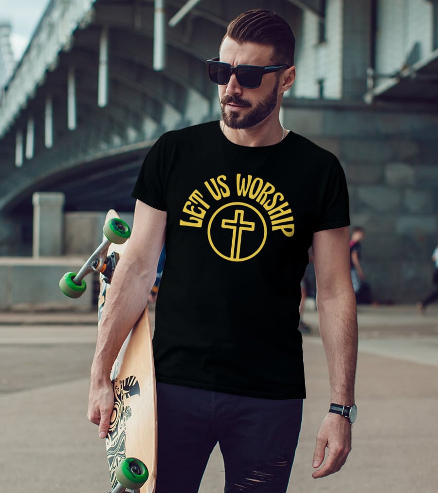 Let Us Worship Yellow Cross Symbol Christianity T-Shirt
