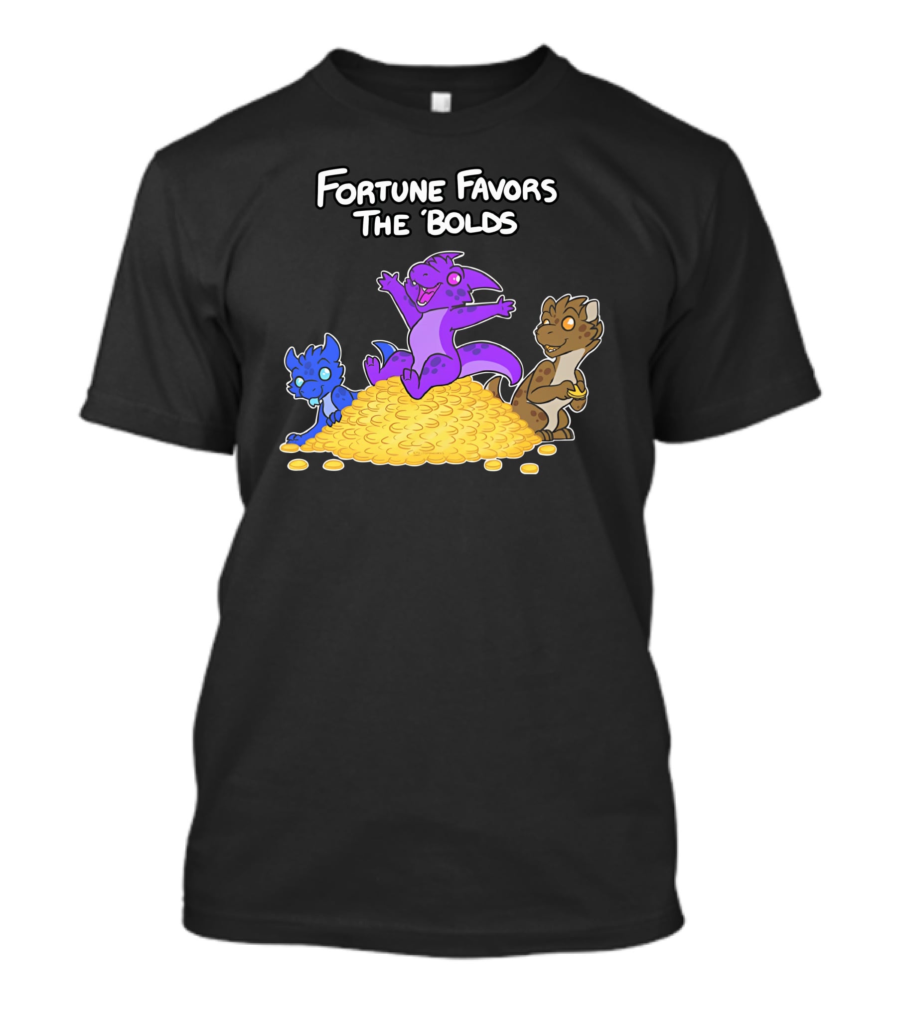 Kobold Fortune Favors The Bold Colorful Cartoon Creatures On Gold Coins T-Shirt