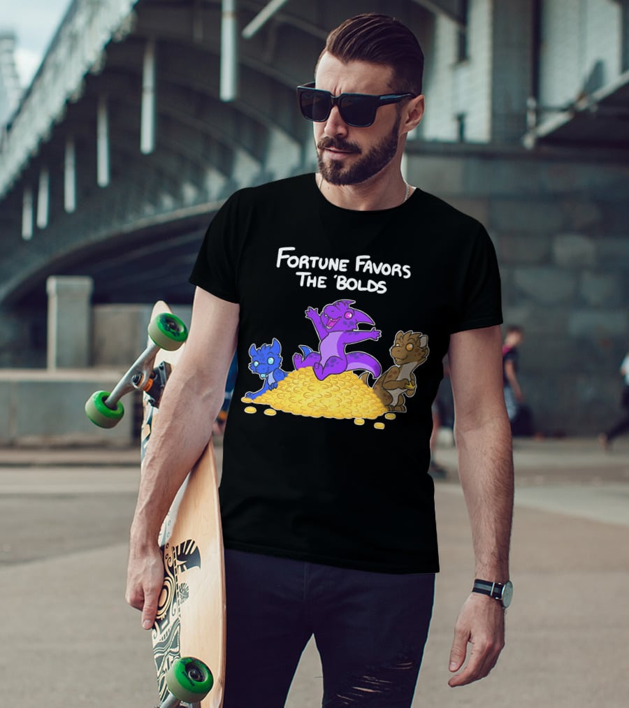 Kobold Fortune Favors The Bold Colorful Cartoon Creatures On Gold Coins T-Shirt
