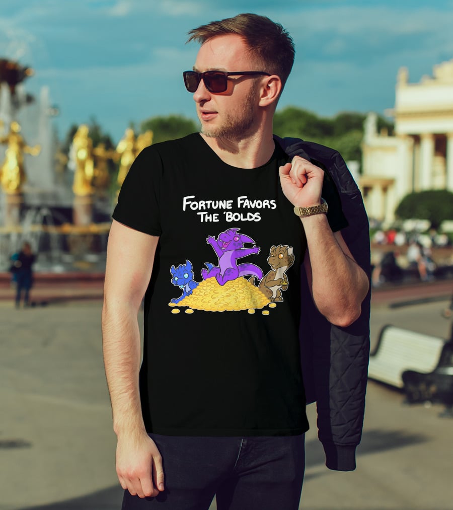 Kobold Fortune Favors The Bold Colorful Cartoon Creatures On Gold Coins T-Shirt