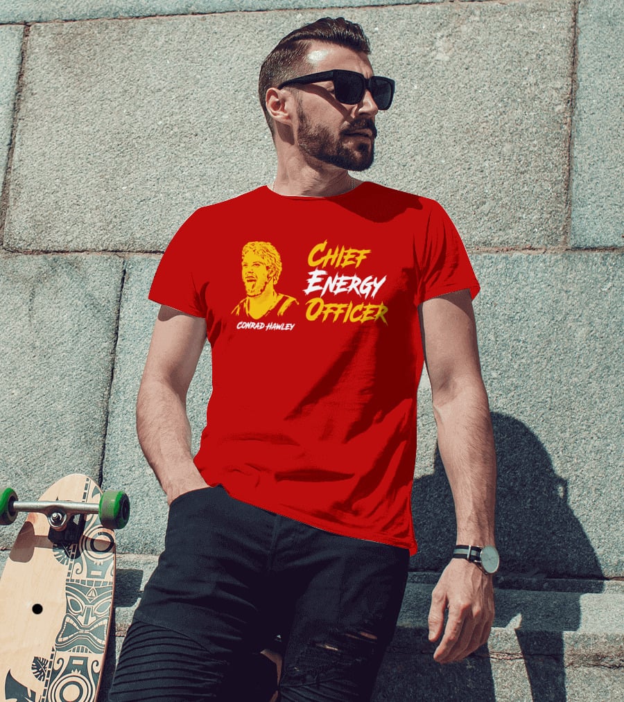 Conrad Hawley Chief Energy Officer Enthusiastic Portrait In Bold Yellow And White Text T-Shirt