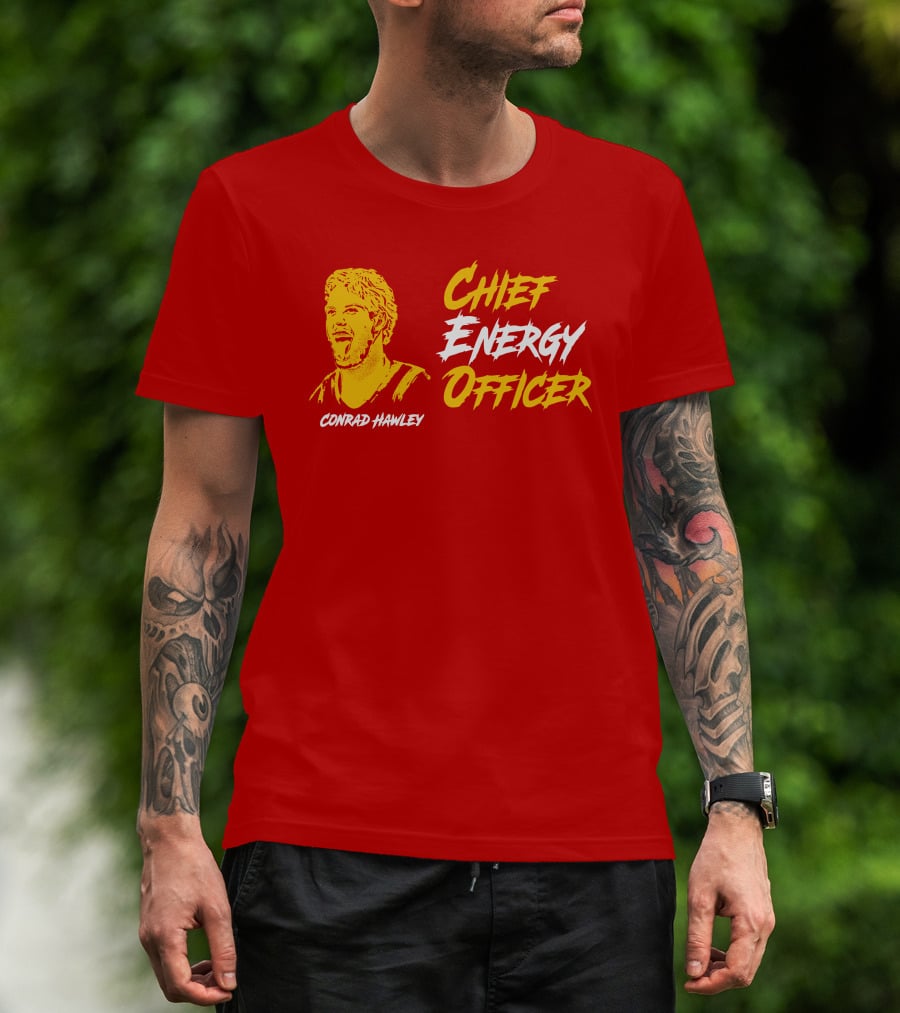 Conrad Hawley Chief Energy Officer Enthusiastic Portrait In Bold Yellow And White Text T-Shirt