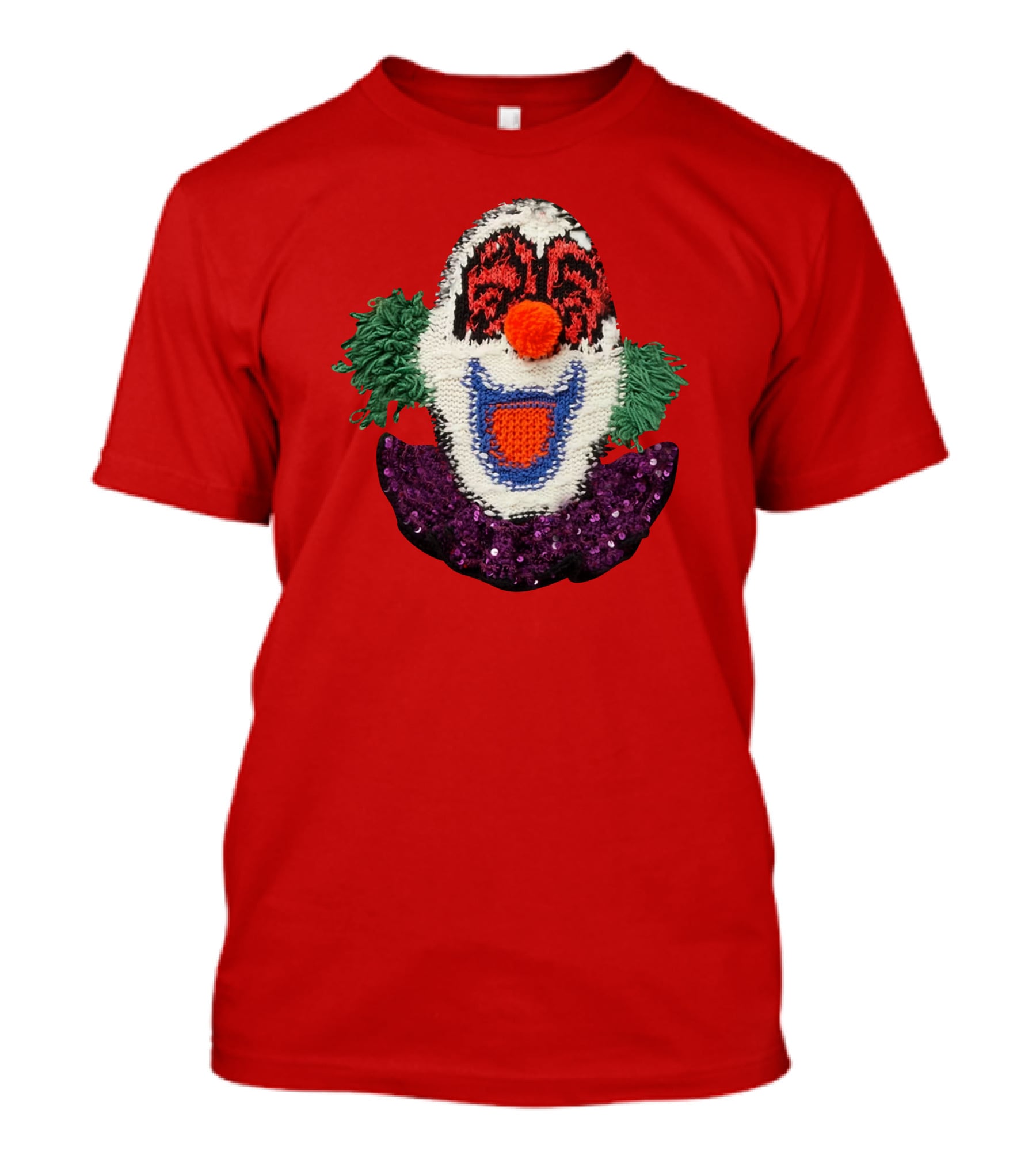 Sequin-Embellished Intarsia Wool Clown Face With Green Hair And Purple Collar T-Shirt
